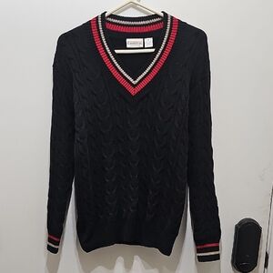 Essentials Black V-Neck Sweater with Red and Cream Accents